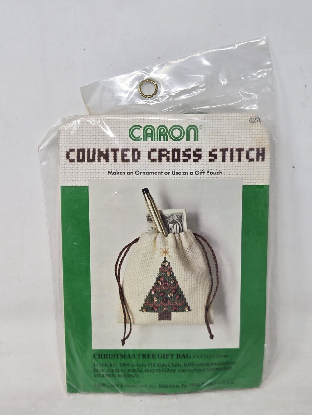 Vtg Caron Counted Cross Stitch Kit Christmas Tree Gift Bag Pouch Ornament NOS